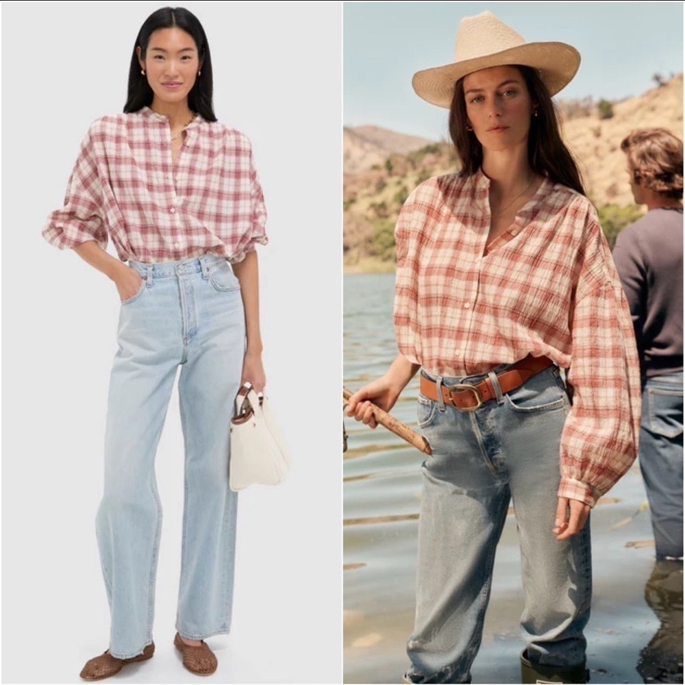 Tuckernuck Top Pink And White Plaid Juliette Button Down Long Sleeve Relaxed